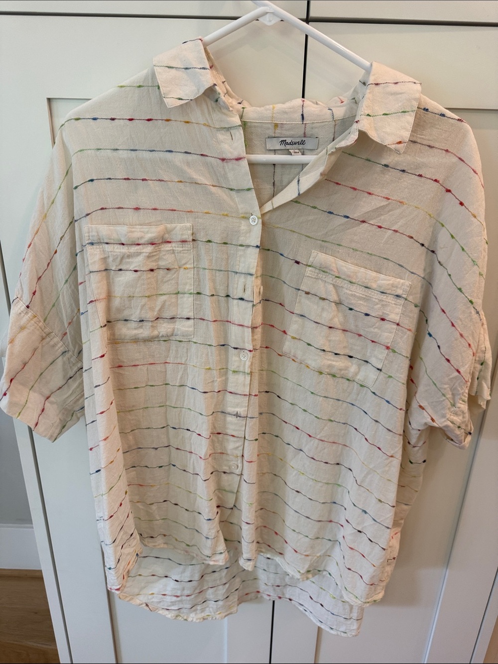 Madewell cotton short sleeve shirt with rainbow threads, size L